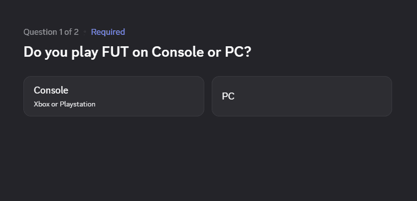 Discord question asking if you play FUT on Console or PC when joining the Free FUT Trading Discord Server