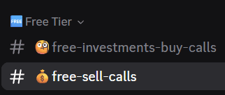 FREE Tier channels in the Discord side nav, including free investment buy calls and free sell calls