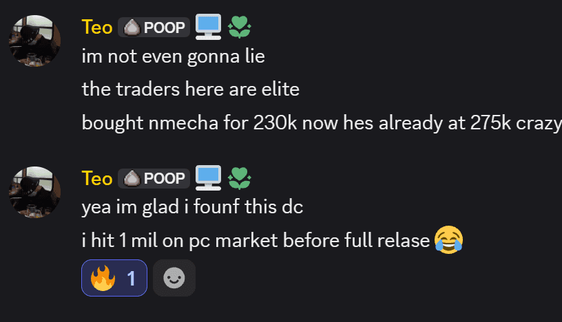 Discord member saying the traders are elite after buying Nmecha and hitting 1 million coins