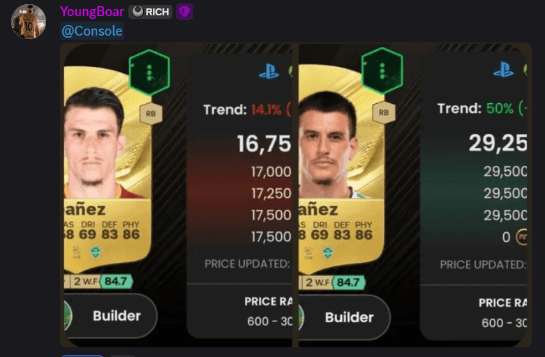Free FUT trading call showing a console card bought around 16,750 coins and later around 29,250 coins